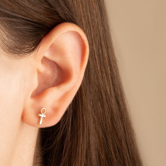 14K Solid Gold Small Egyptian Ankh Cross Stud Earrings